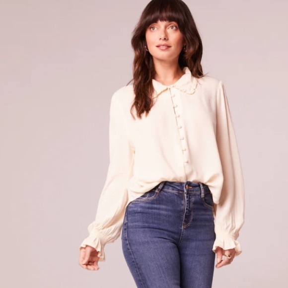 Band of The Free Denise Cream Ruffle Collar Top Button Up Smocked Cuffed Sleeves - Picture 5 of 11